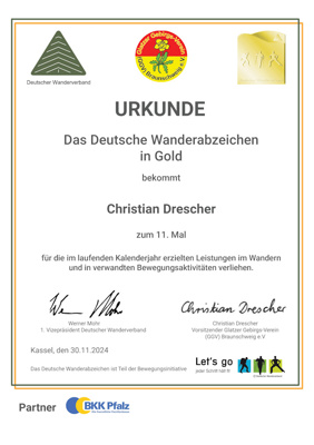 Deutsches Wanderabzeichen in Gold zum 11. Mal