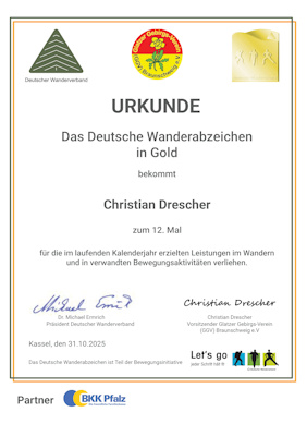 Deutsches Wanderabzeichen in Gold zum 12. Mal
