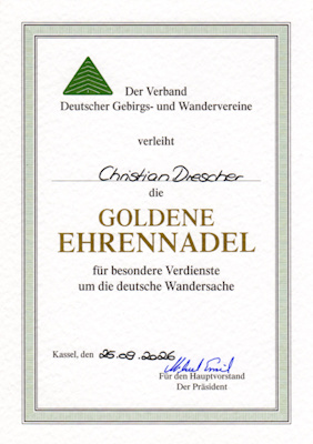 Urkunde zur Goldenen Ehrennadel des Deutschen Wanderverbandes
